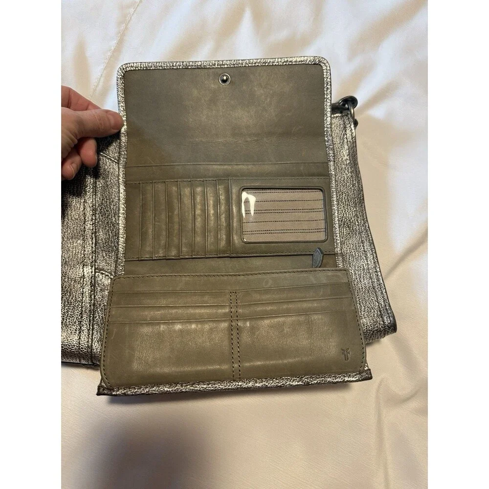 Frye Metallic Leather Crossbody Bag + Matching Wallet Pewter Silver Set